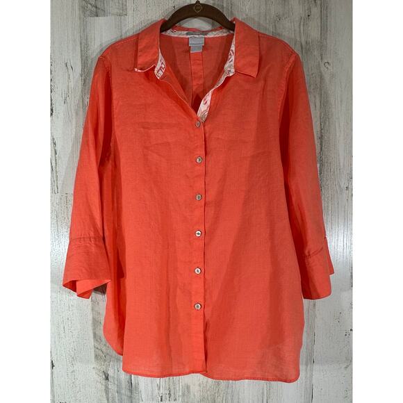 Chicos Button Up Top Size 2 or 12 Large Orange Melon 100% Linen 3/4 Sleeve - Picture 1 of 7